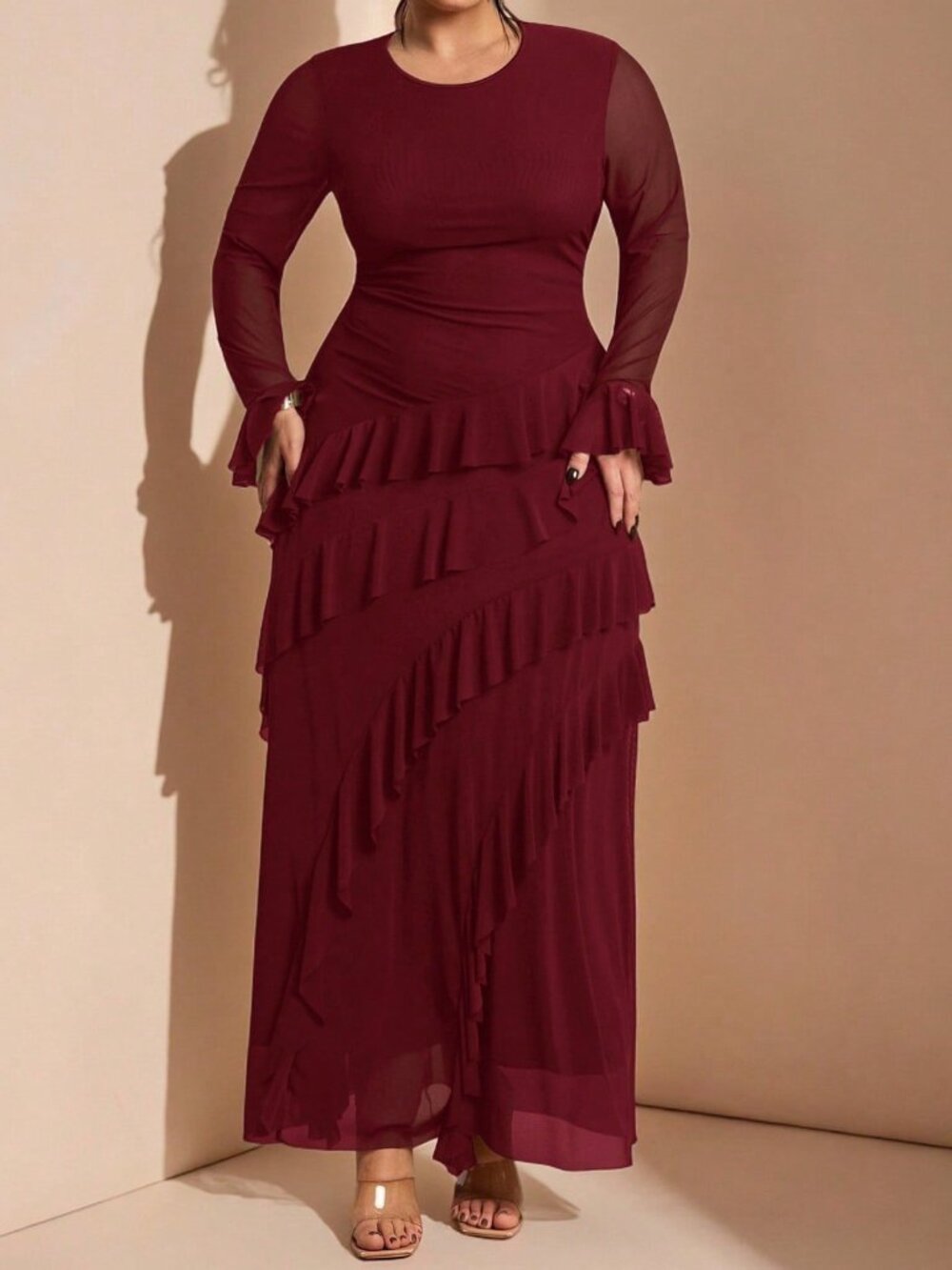 Burgundy Elegant Women's Plus Size Knot Ruffle Tiered Long Dress - Picture 4 of 6